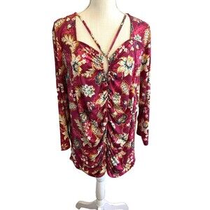 NWT Cato Woman's Beet Red Floral 3/4 Sleeve Blouse Front Ruching Size 18/20W